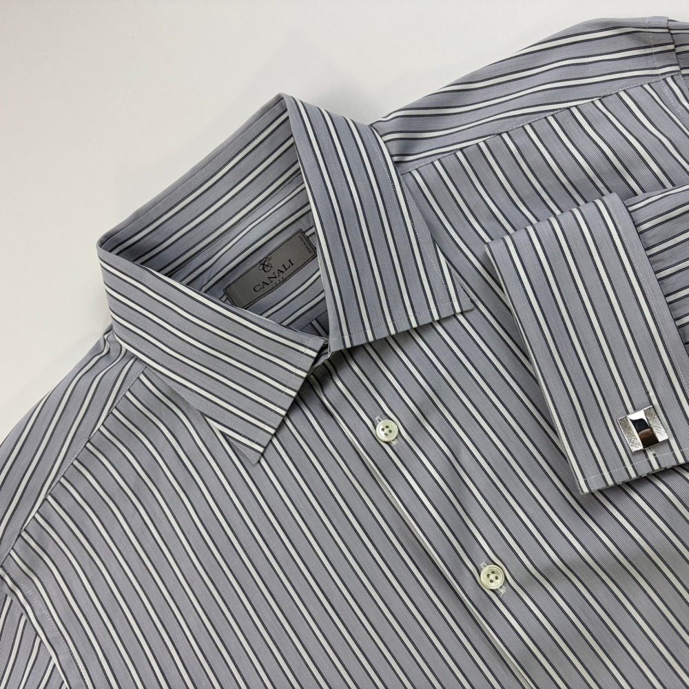 Canali Dress Shirt Mens 17 43 Grey Blue Striped French Cuff Made in Italy